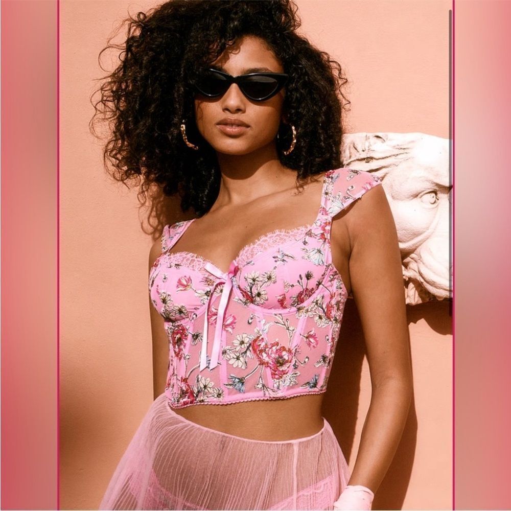Victoria’s Secret Embroidery Cap-Sleeve Corset Top Lilac Chiffon Floral Large